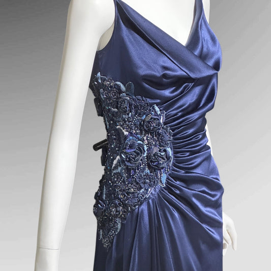 BELLVILLE SASSOON Lorcan Mullany, vintge 1990s evening dress, midnight blue silk beaded sheath slip gown