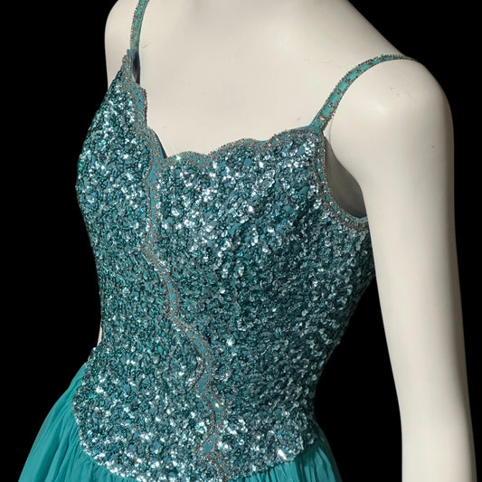 MIKE BENET, vintage 1960s evening dress, mermaid teal blue chiffon beaded sequins prom dress