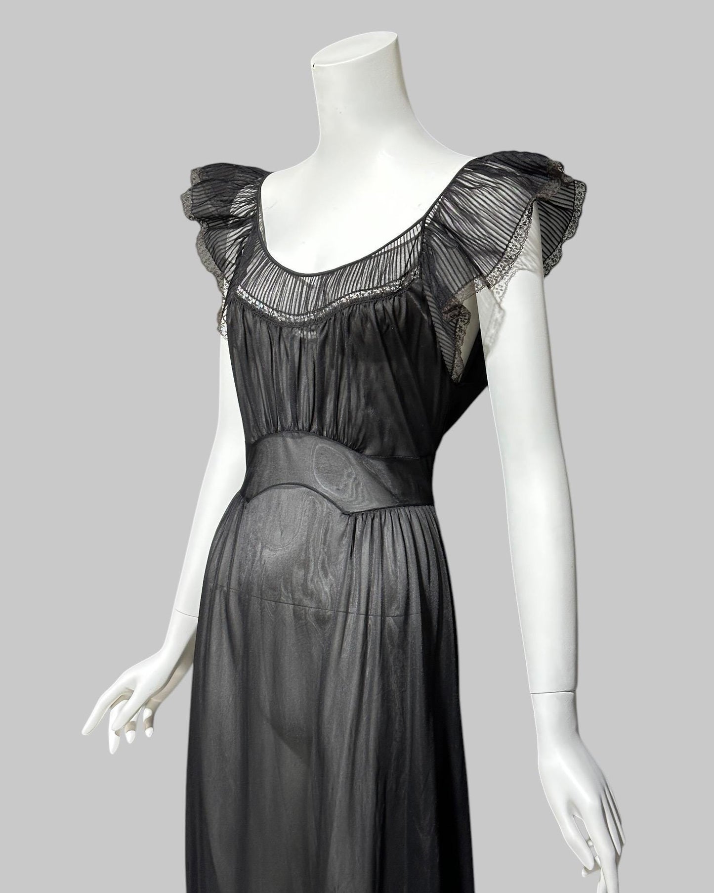 KAYSER vintage 1950s nightgown slip dress, ethereal sheer black chiffon and lace micro pleat gown
