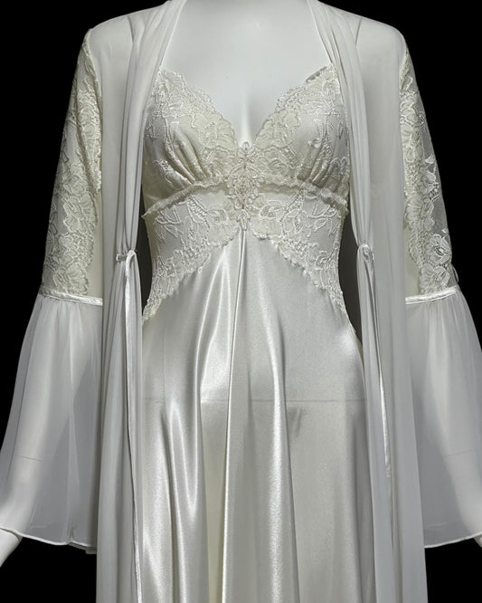 JONQUIL Diane Samandi, vintage 1980s nightgown robe set, White bridal peignoir dressing gown and slip dress