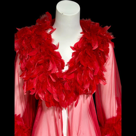 TRIANGLE vintage 1970s dressing gown, sheer bold red chiffon housecoat with feather trim, peignoir house coat