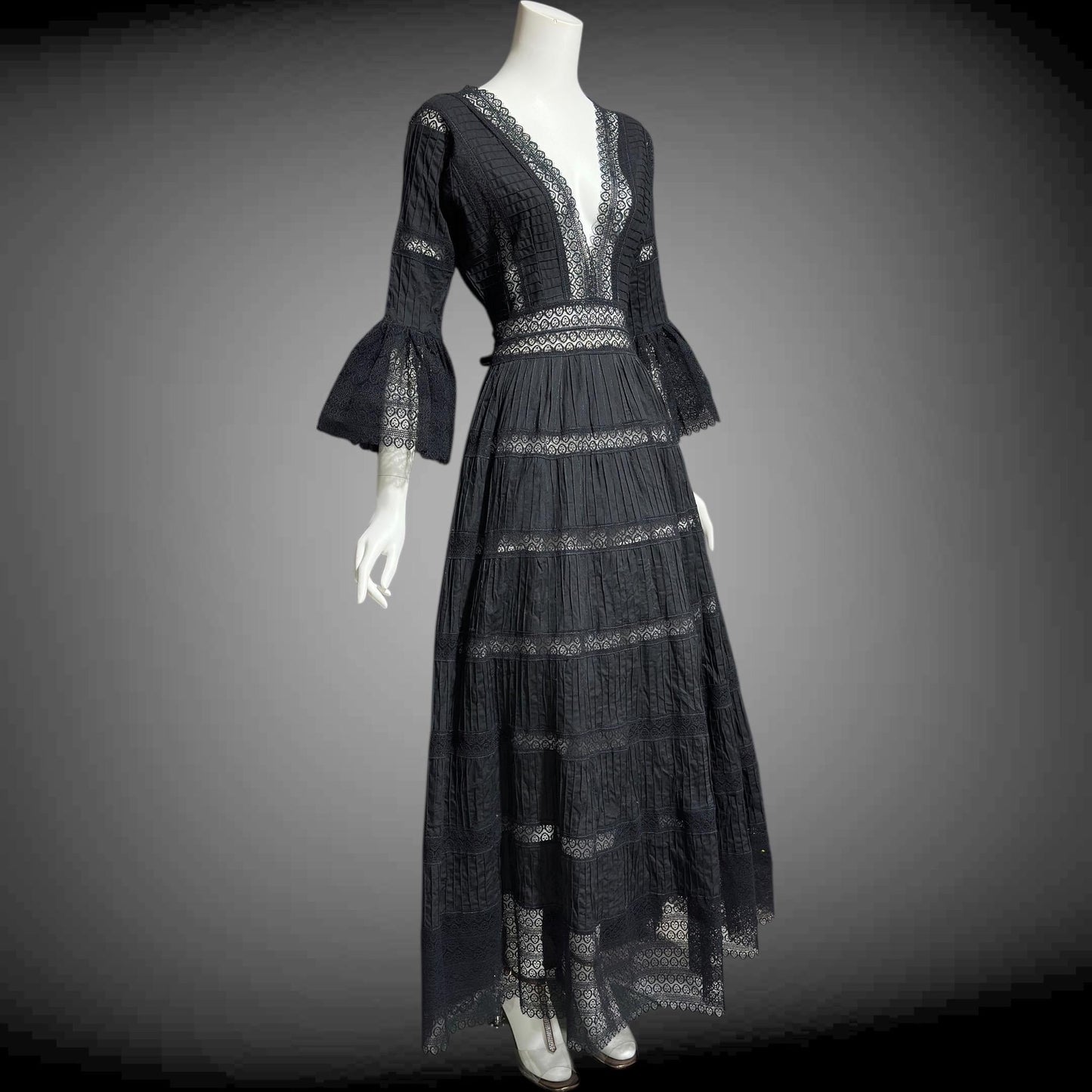 1970s vintage Mexican Wedding dress, Black cotton blend Deep V ball gown, long bell Sleeves, Maxi Hippie Bohemian gown