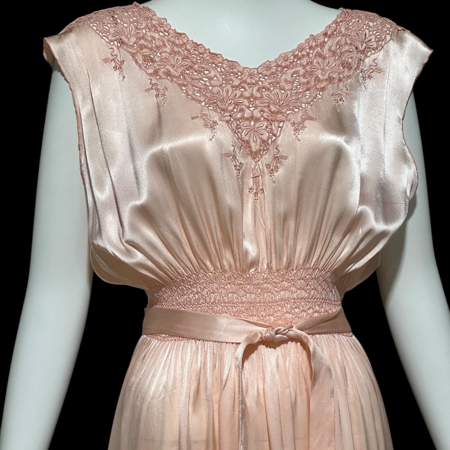 1930s vintage Nightgown slip dress, peachy pink silky smocked night dress