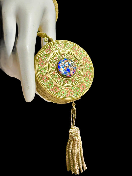 1920s vintage Antique chatelaine compact, flapper enamel mirrored wrist dance compact, double powder, blush rouge