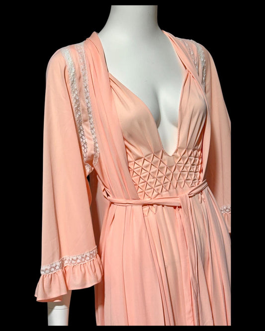 BLANCH by Ralph Montenero, Lord & Taylor, 1960s vintage peachy pink nightgown slip dress and dressing gown, peignoir set