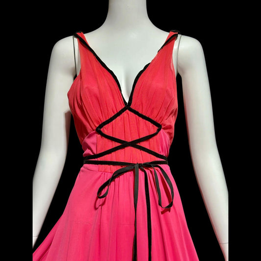 SCHIAPARELLI, vintage 1950s nightgown slip dress, shocking pink and lipstick red full length slip dress, Grecian Goddess gown
