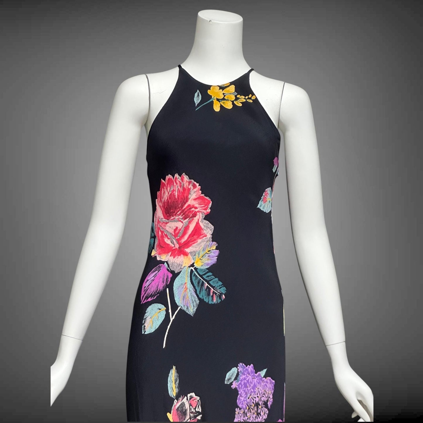 1990s vintage bias cut dress, Bodycon rose flower print evening sheath slip dress, maxi dress