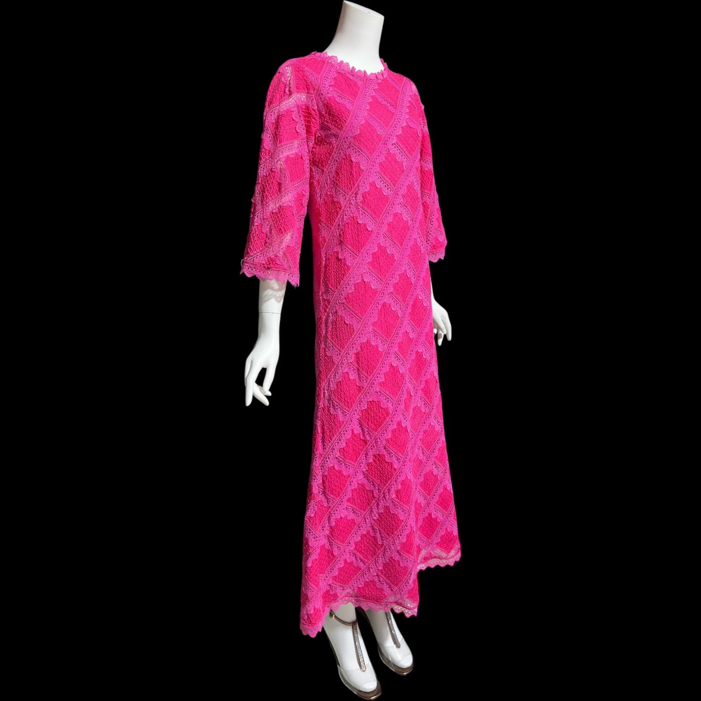 XIHUATL vintage 1960s Mexican cotton day dress, Hot Pink Pintuck Patchwork cotton and lace