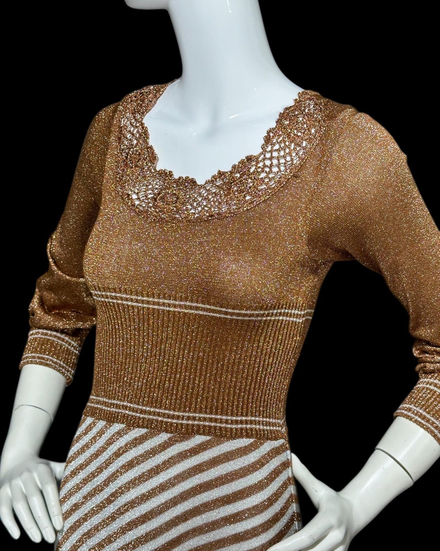WENJILLI, vintage 1970s lurex maxi dress, Copper Metallic lurex Knit Maxi Dress Crochet Neckline