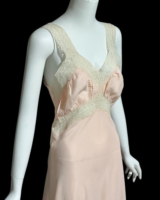 1940s vintage Nightgown slip dress, Custom Made pink bias cut lacy slip dress