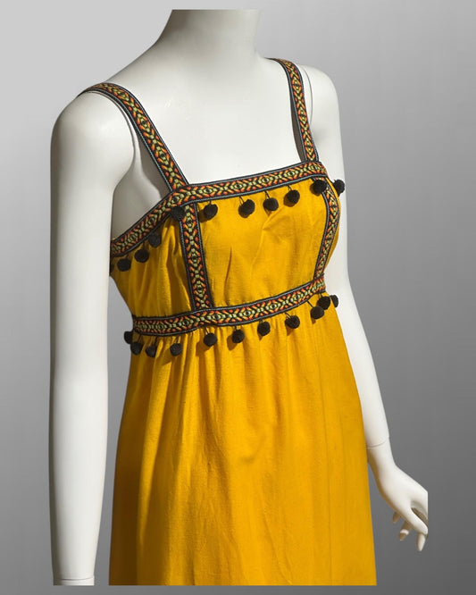 1970s vintage pom pom day dress, Mango Yellow Cotton Casual Sundress