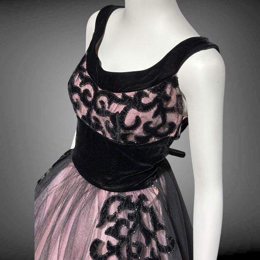 1950s vintage party dress, Dreamy Pink and Black tulle cupcake prom cocktail dress