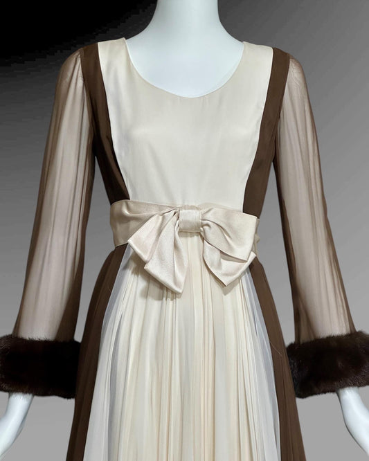 JEAN-LOUIS for I. Magnin, vintage 1960s evening gown, Brown Cream Chiffon evening dress