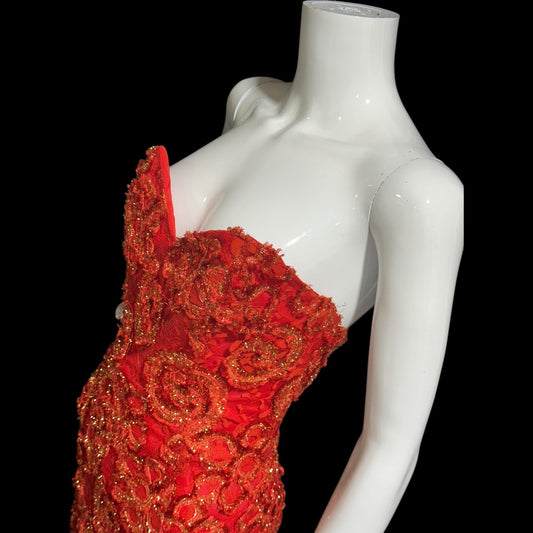 ALYCE DESIGNS, vintage 1980s evening dress, cherry red strapless sheath mermaid gown, bodycon and eyelash lace