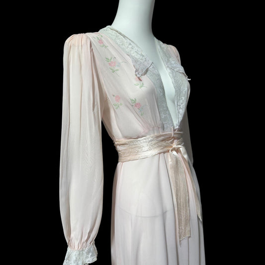 B. ALTMAN, vintage 1940s dressing gown, pink floral and lace sheer house coat robe
