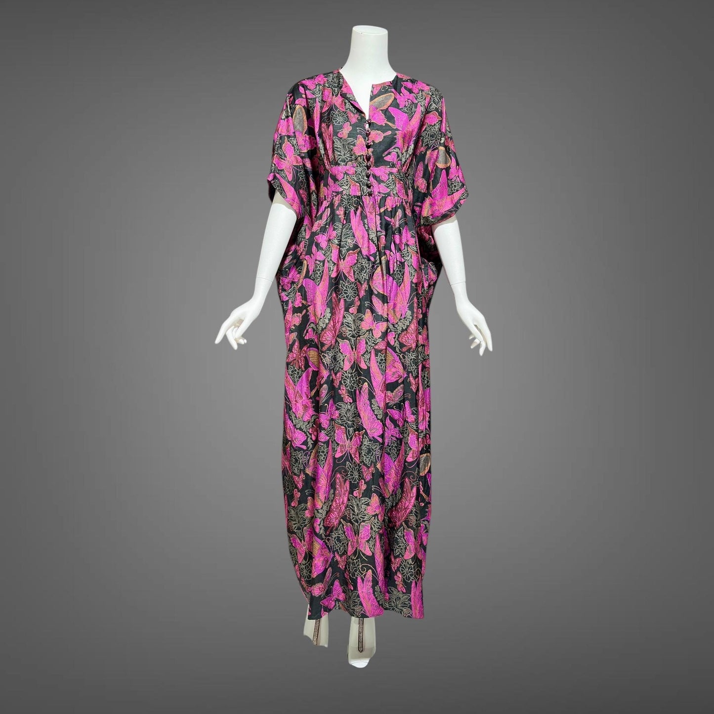 DESIGN THAI BANGKOK, vintage 1960s caftan dress, maxi party dress, hot pink butterfly print silk dress