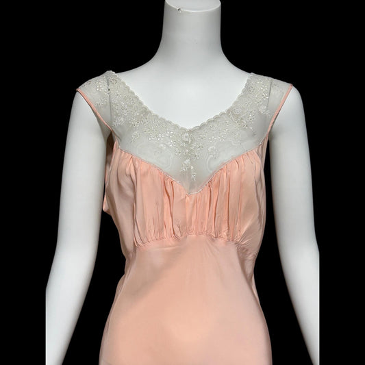 LAURA LANE, vintage 1940s nightgown slip dress, Shiny petal pink bias cut night dress, full length