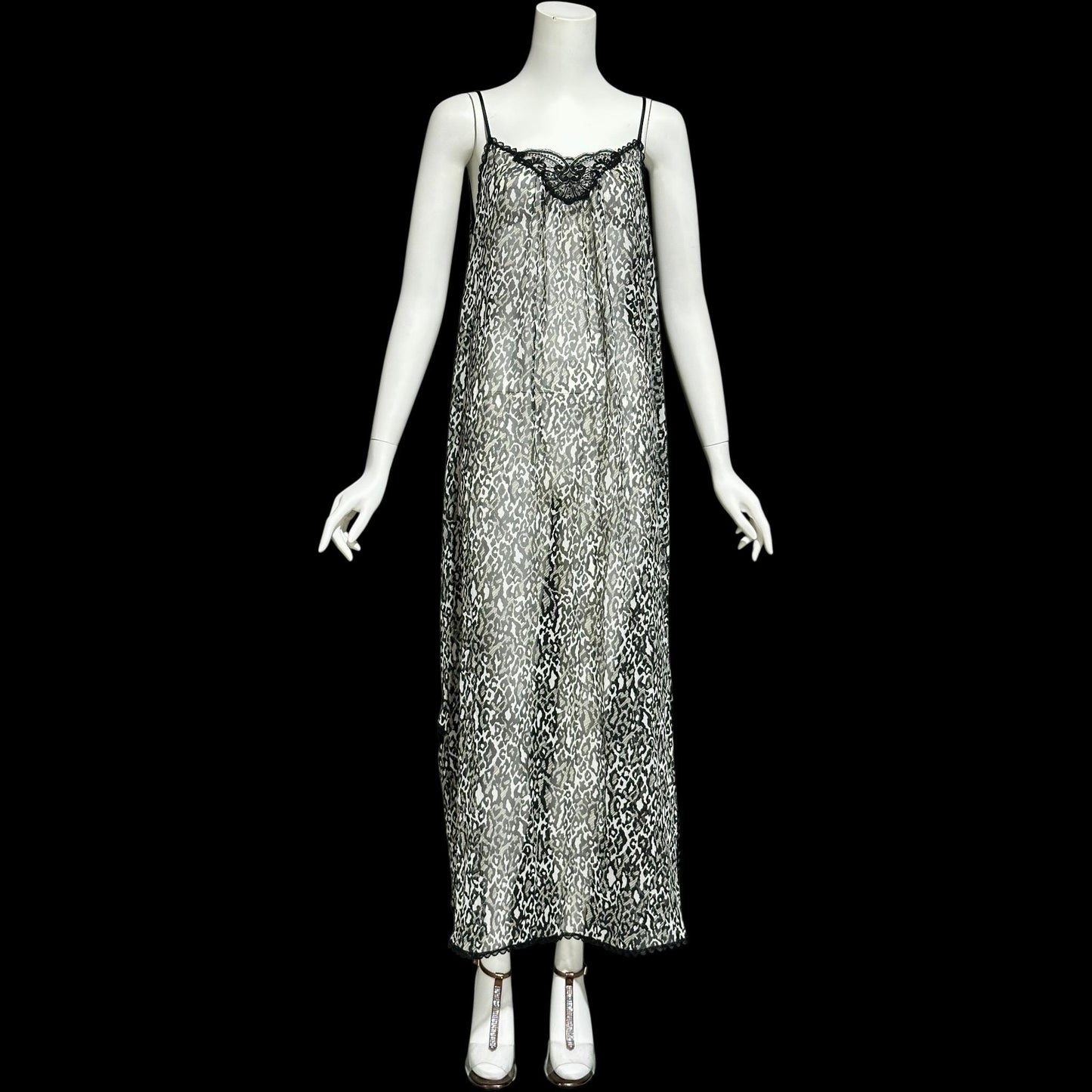 LUCIE ANN vintage 1970s nightgown robe peignoir set, black and white sheer animal print negligee slip dress set