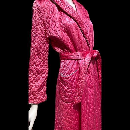 CHARLES L SHAW Vintage 1940s Housecoat Robe: Hot Pink Quilted Satin Dressing gown