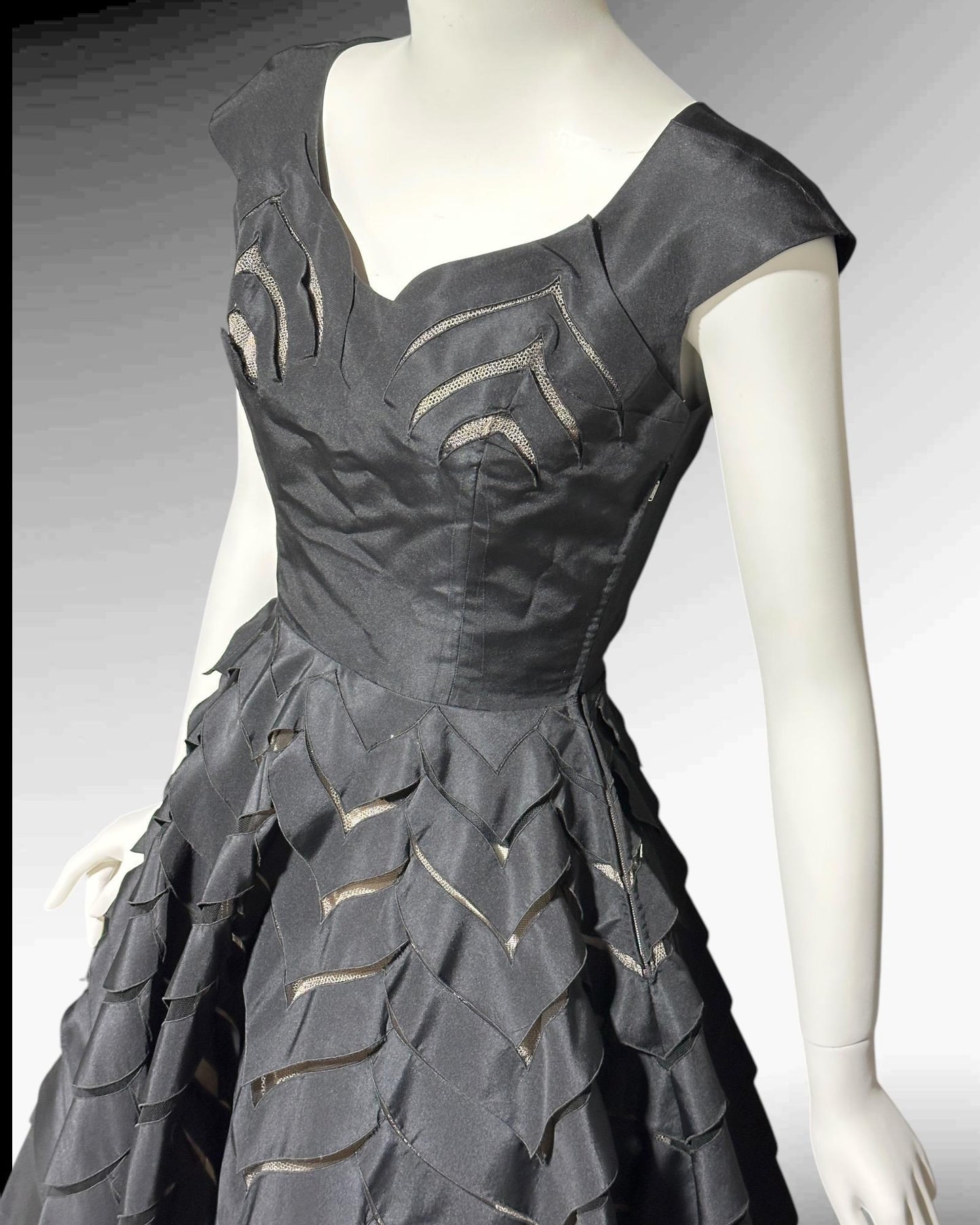 OLDRIC ROYCE, vintage 1950s dress, black cutout fit and flare cocktail party evening dress