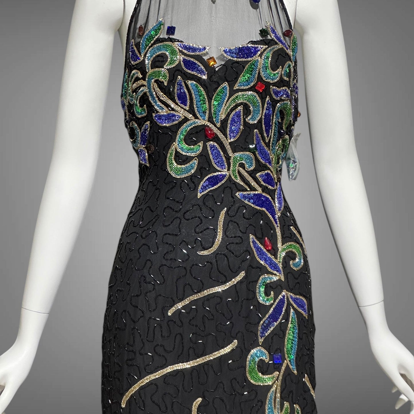 J REYNOLDS DESIGNS, vintage 1990s evening dress, Deadstock Black Beaded Halter Party slip dress