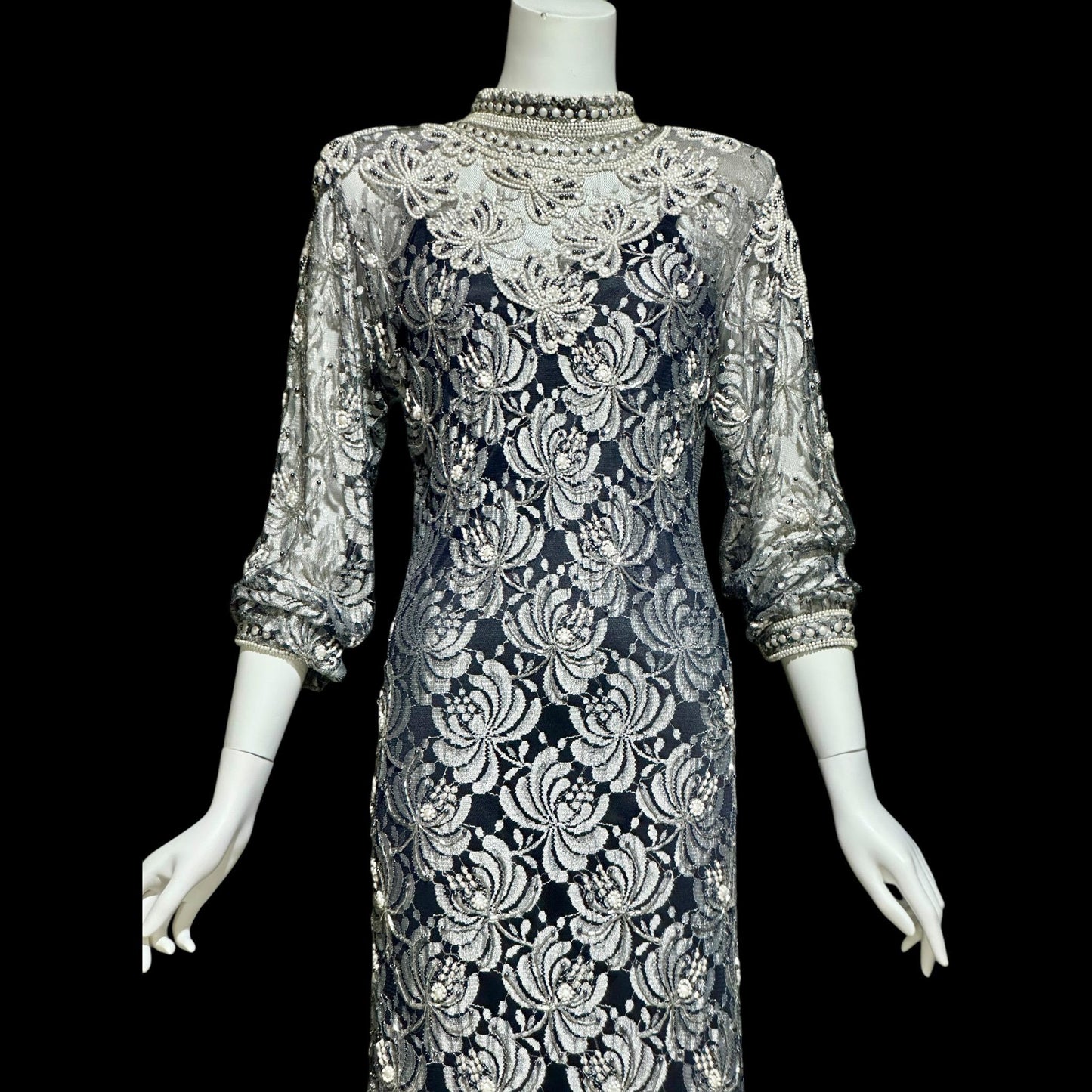 JUDITH ANN, Vintage 1980s sheer beaded dress, Black sheer mesh with beads, Hight neck with ruffle sheath cocktail party dress