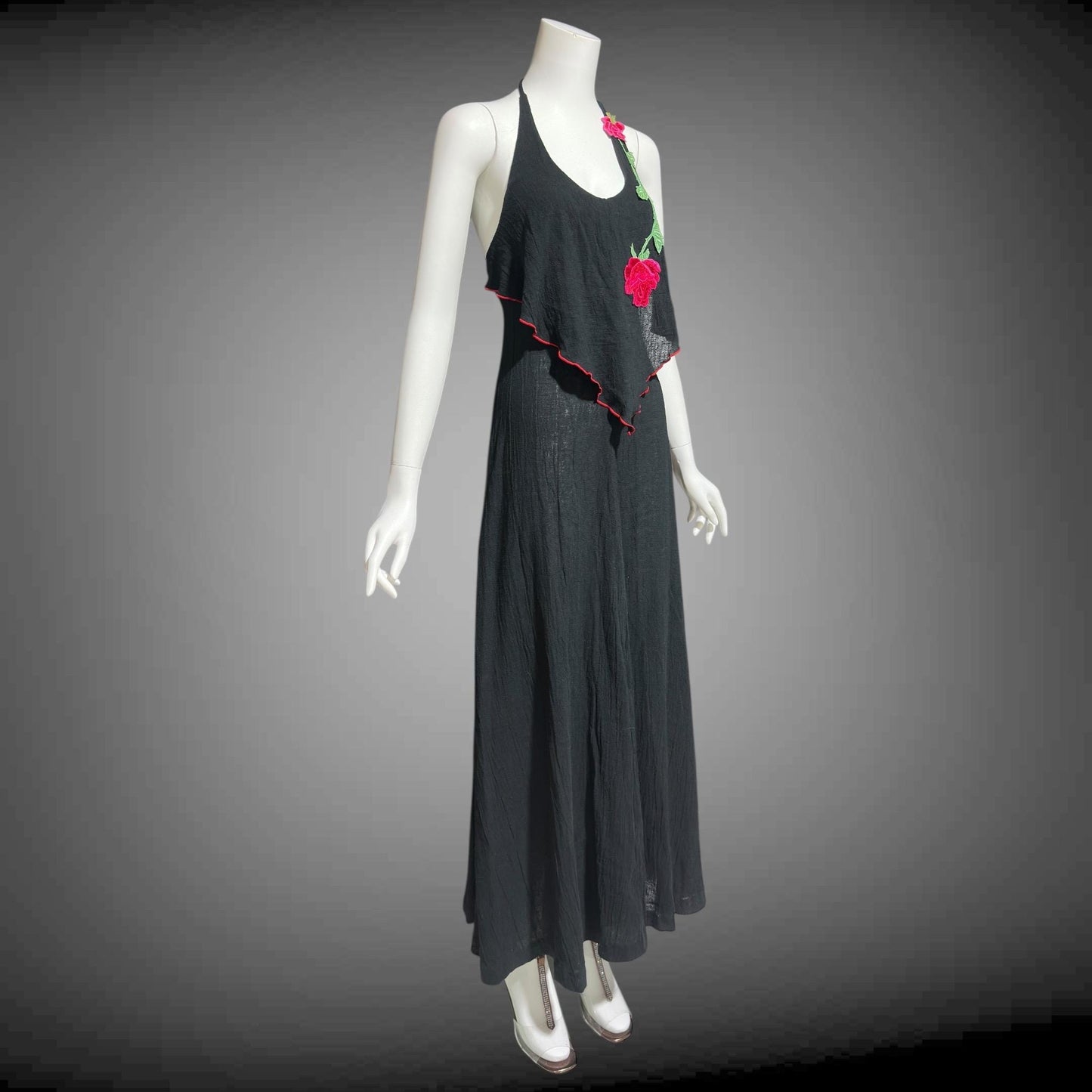 YOUNG EDWARDIAN by ARPEJA, vintage 1970s black crinkle cotton gauze maxi dress