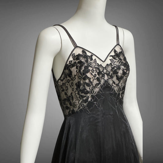 VANITY FAIR, vintage 1950s Nightgown Slip Dress, Dramatic black and silver double layer full sweep gown