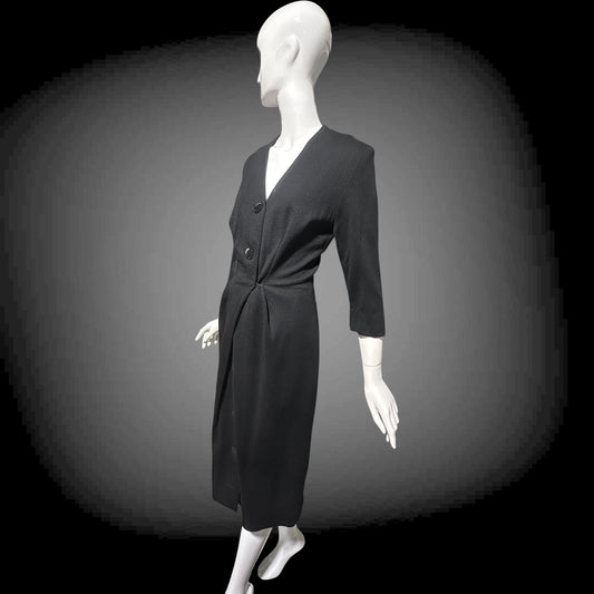 TRICOSA PARIS vintage 1950s coat dress, black knit bombshell wiggle dress, button front