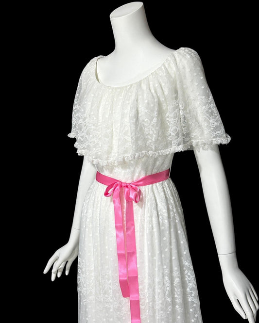 RICHILENE New York, vintage 1970s evening dress, white lace ruffle collar wedding gown