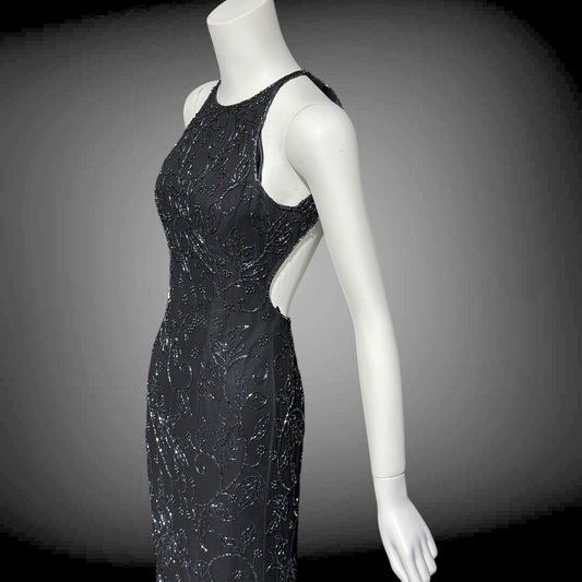 CACHE vintage 1990s evening dress, Bodycon black beaded racer back sheath slip dress, backless cocktail party dress