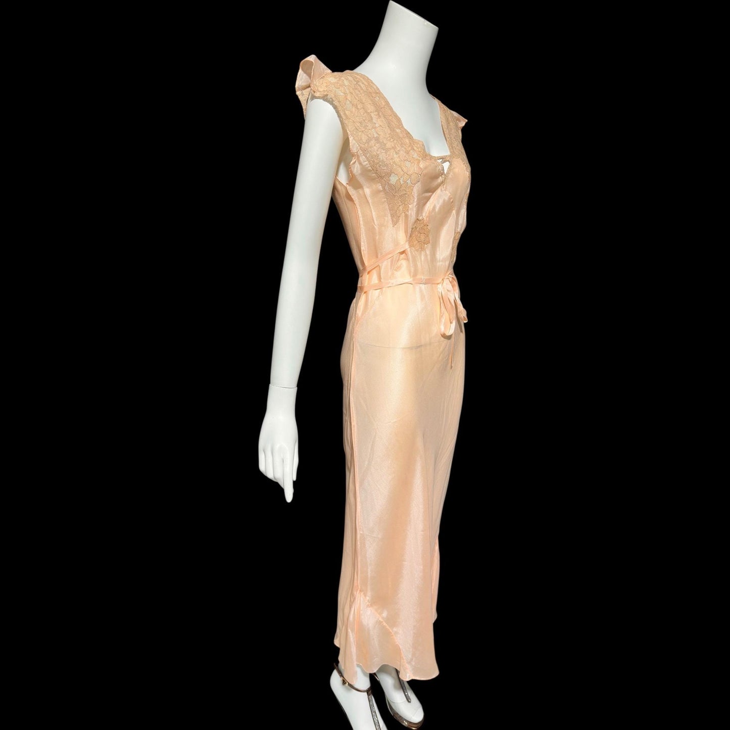1930s Rayon Slip Dress: Vintage Bias Cut Shiny Peach Nightgown, Lace Trim