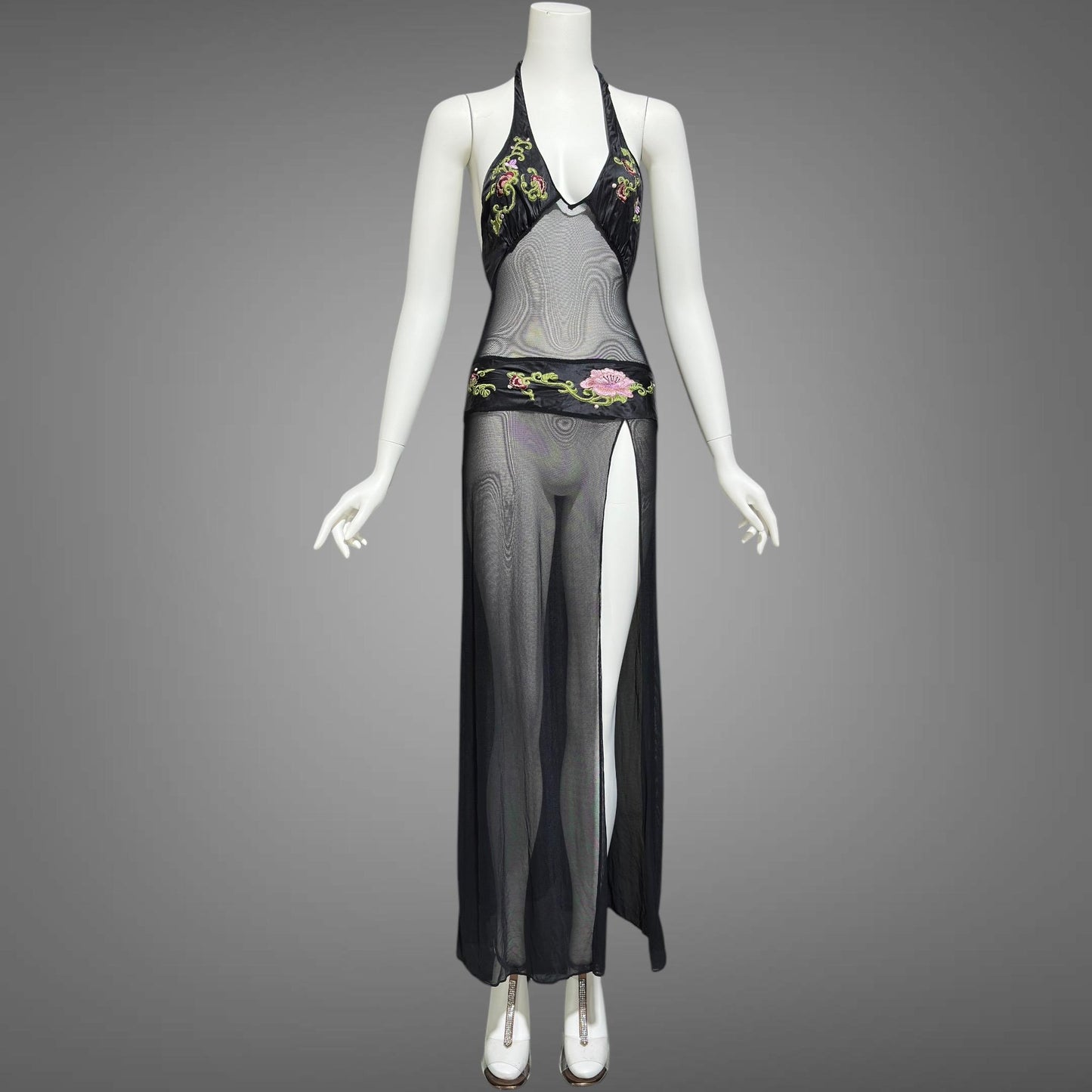 JACALYN BENNETT for FREDERICK'S of Hollywood, vintage Y2K nightgown slip dress, black silk and mesh