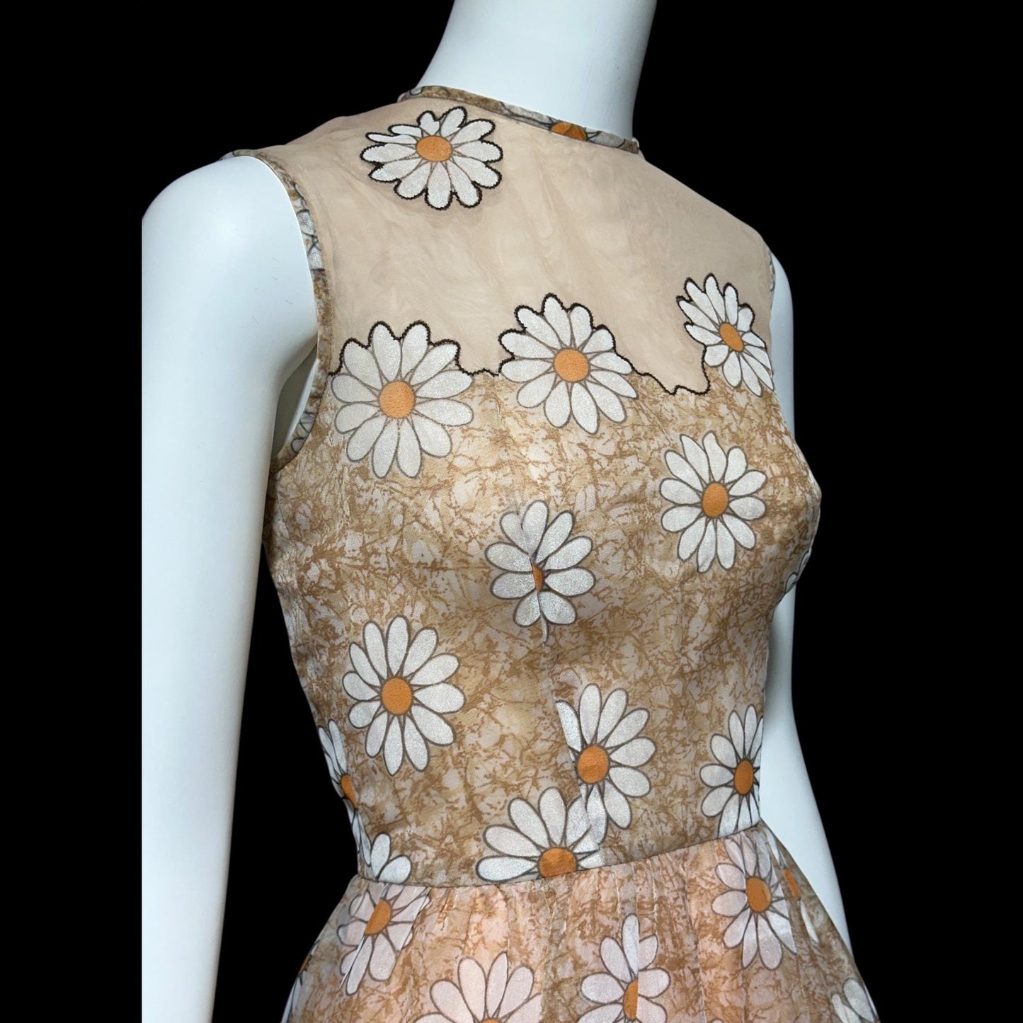 LILLI DIAMOND vintage 1960s evening dress gown, Daisy floral voile maxi dress, illusion neckline