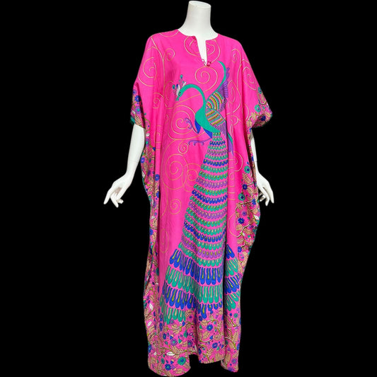 NEIMAN MARCUS, vintage 1970s caftan dress, hot pink cotton, hand screened in Thailand