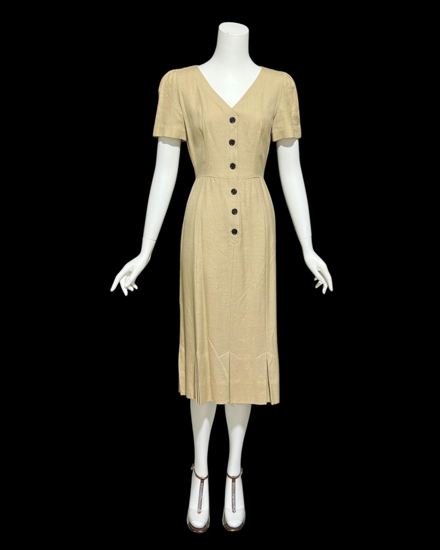 ADELE SIMPSON, vintage 1980s day dress, 80s does 40s latte tan linen dress, button front wear to work luncheon dress