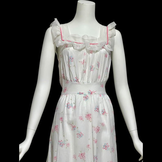 PHIL-MAID, vintage 1940s nightgown, pink blue white floral cone-bell combed cotton house dress, New Old stock