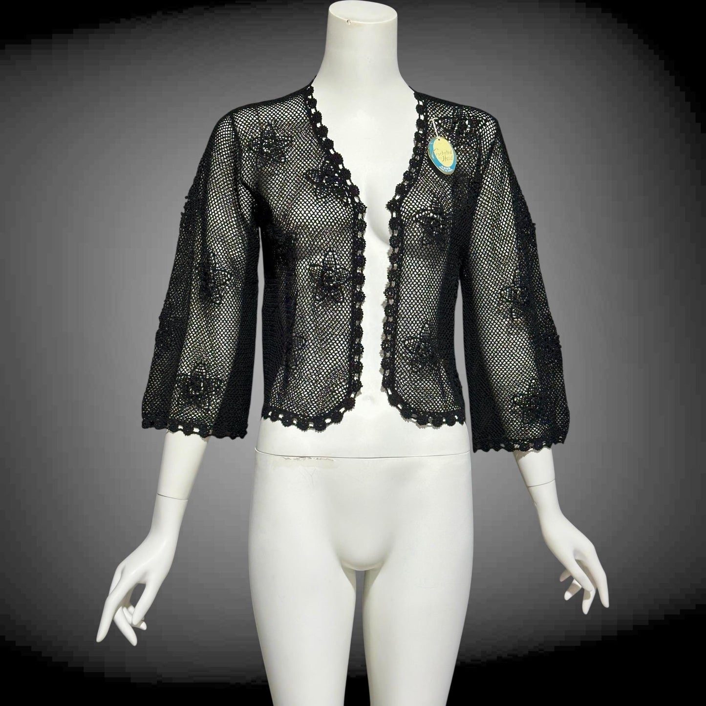 1950s vintage crochet cardigan, black 100% cotton Hand Made Shanghai cropped sweater