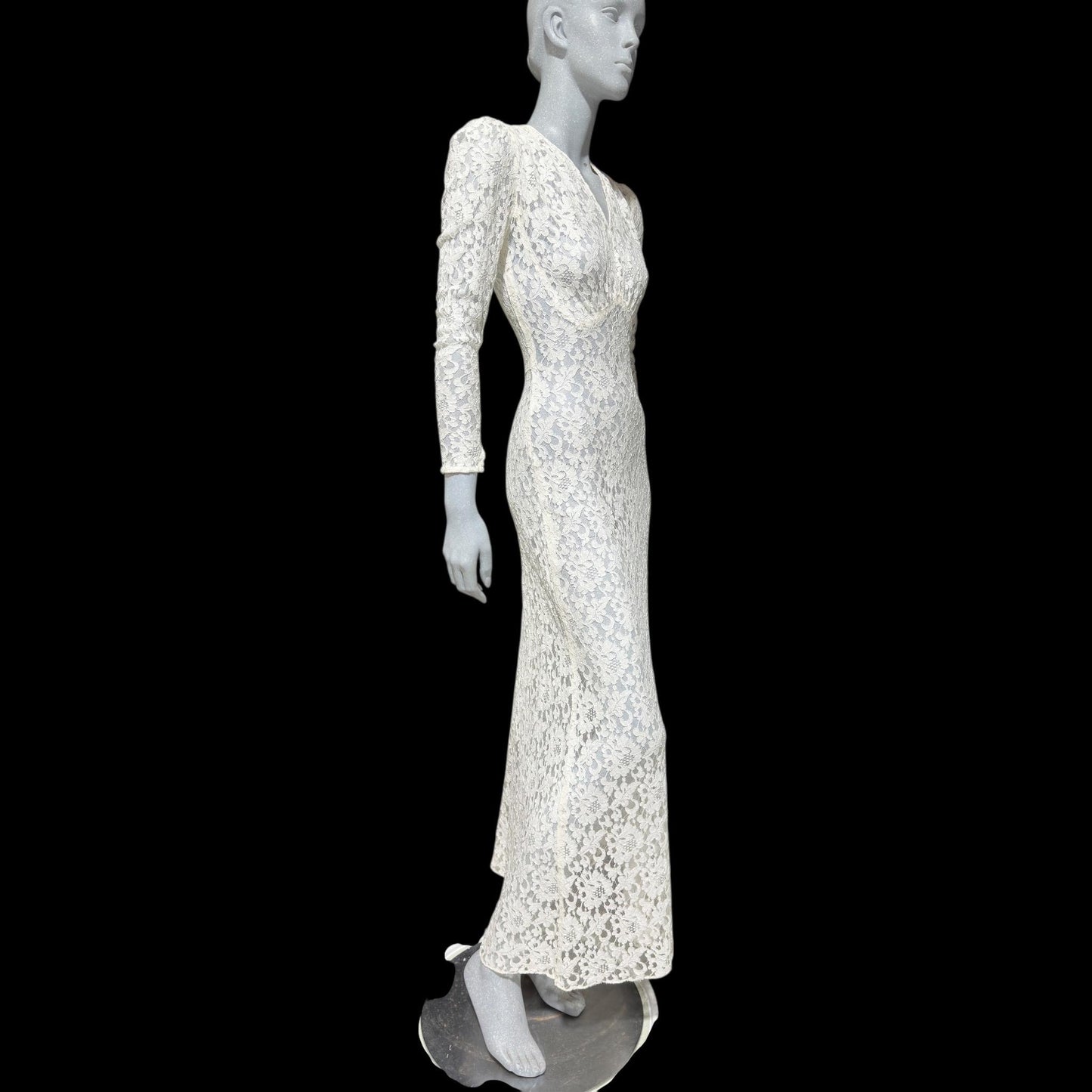 1940s vintage wedding bridal dress, white see through lace sheath full length gown