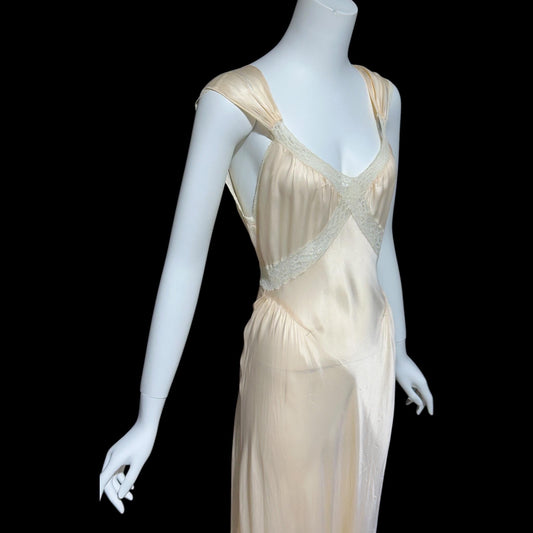 LAROS, vintage 1940s nightgown slip dress, soft peach bias cut Bemberg rayon slip dress
