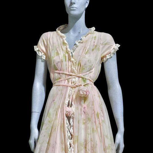 LUCIE ANN Claire Sandra, vintage 1960s Pink floral full sweep peignoir nightgown, grecian wrap pom pom dress, waterfall back robe