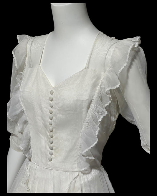 1940s vintage evening dress, White mesh ruffle wedding prom dress with full skirt
