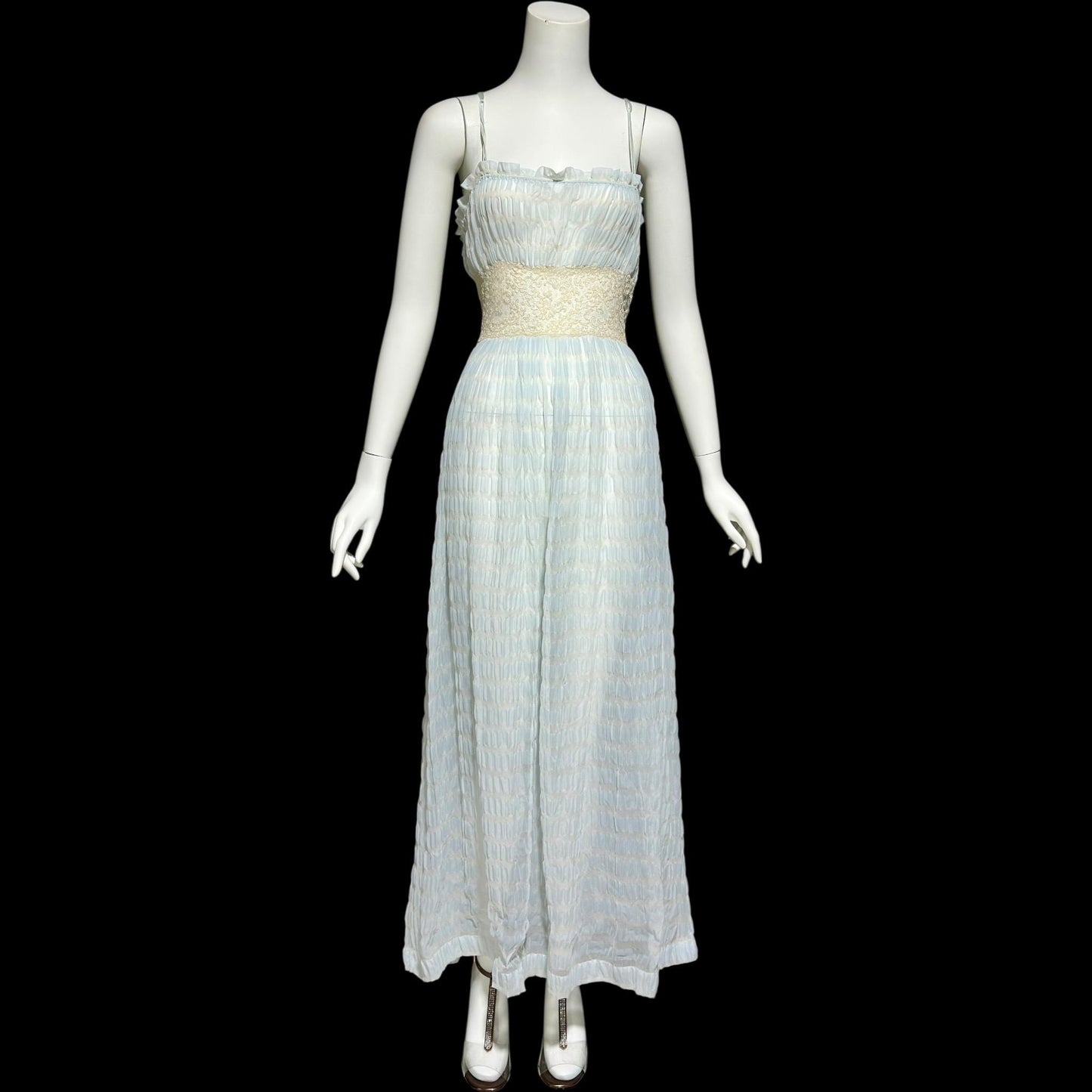 By IRIS, vintage 1930s Nightgown robe set, ethereal blue and white sheer waffled nylon slip dress and dressing gown, peignoir set