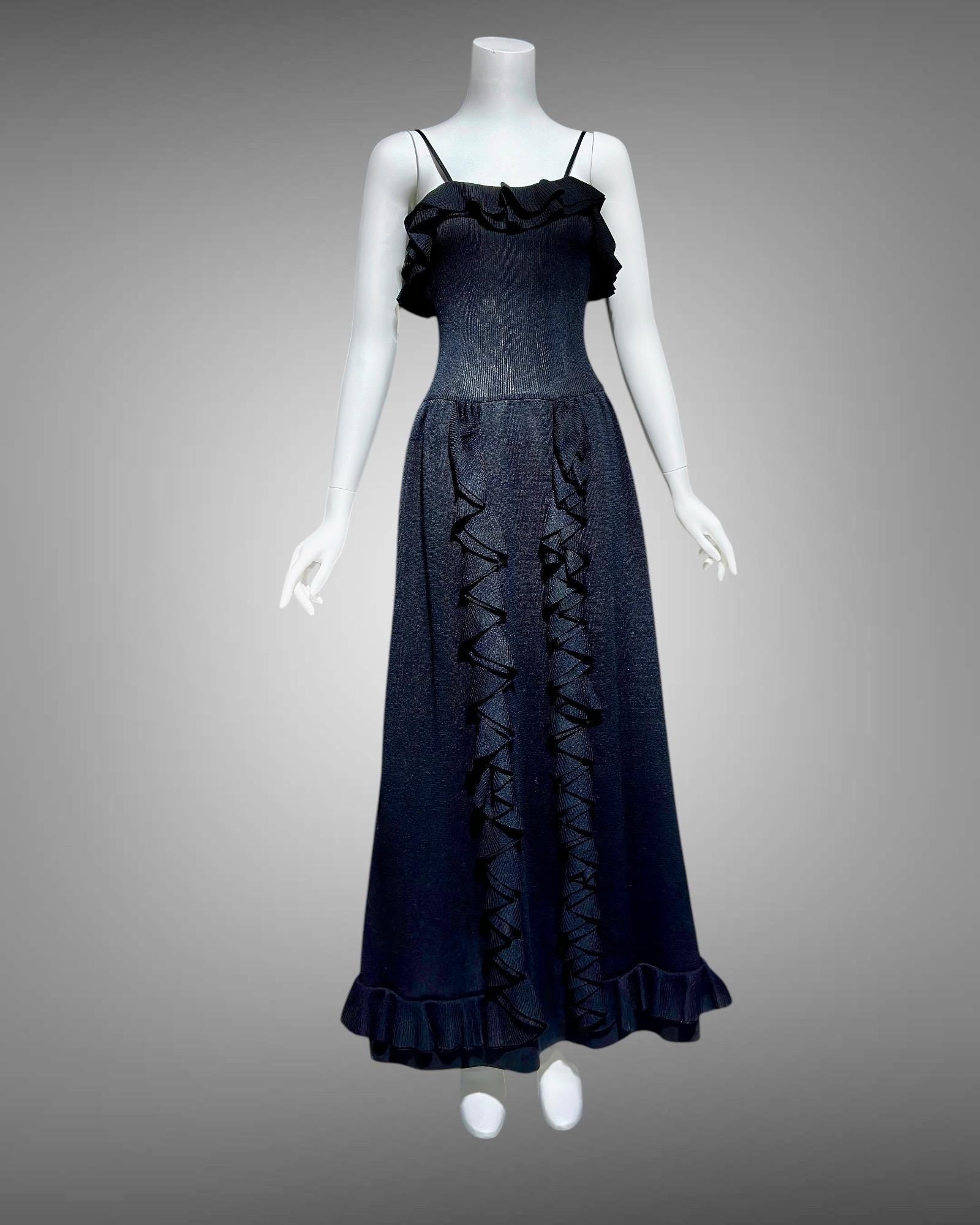 CRISSA 1970s vintage black knit ruffled slip dress, long maxi evening VINTAGE DRESS CLOSET CRISSA 1970s vintage black knit ruffled slip dress, long maxi evening VINTAGE DRESS CLOSET