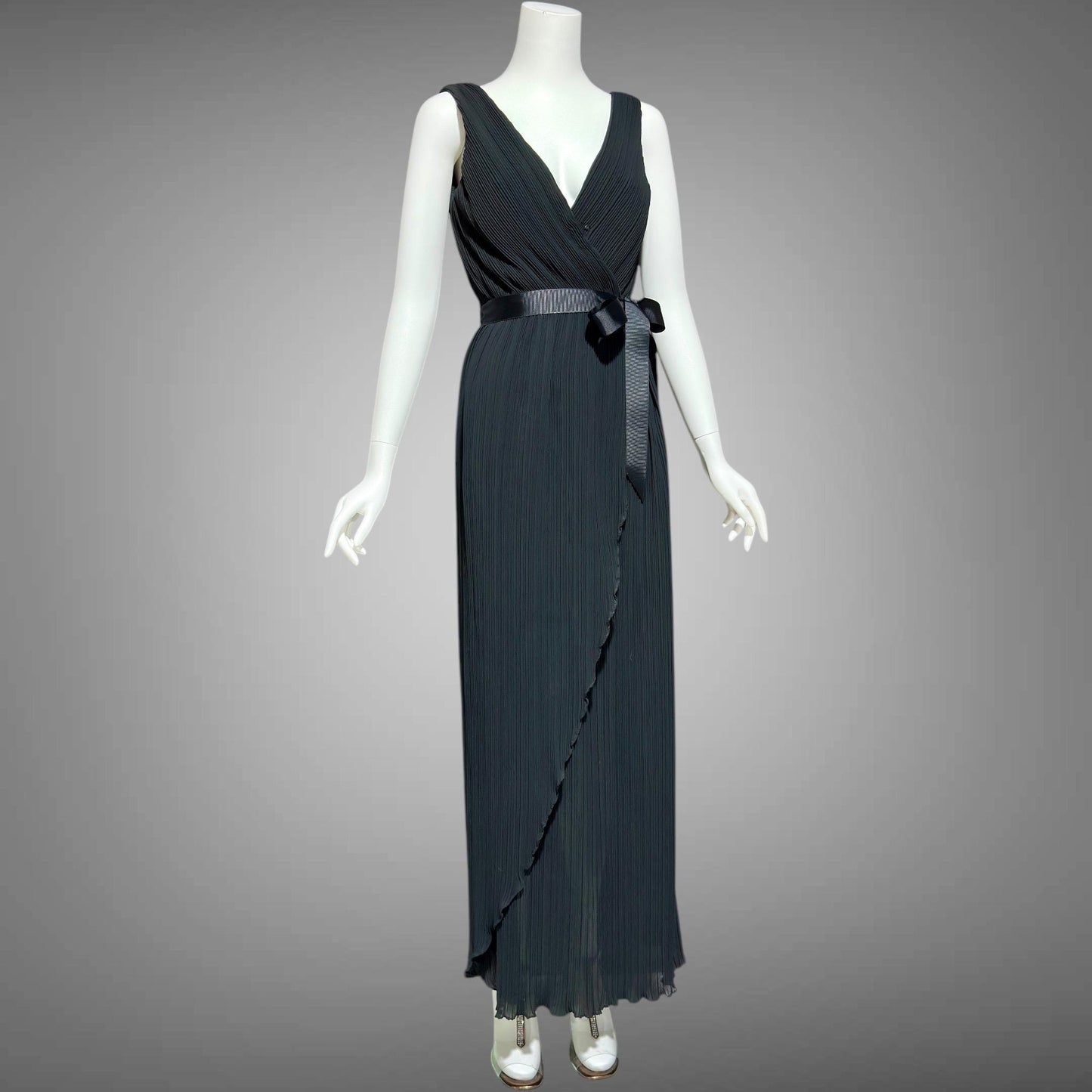 MARSHALL ROUSSO Las Vegas, vintage 1970s evening dress, black pleated plisse wrap front grecian goddess gown