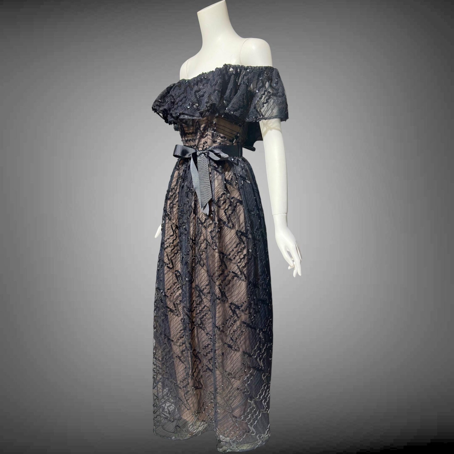 1970s vintage evening dress gown, black lace and sequin ruffled off the shoulder formal dress