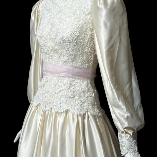 HOUSE of BIANCHI, vintage 1970s wedding dress, romantic boho white silk satin poet sleeve bridal gown