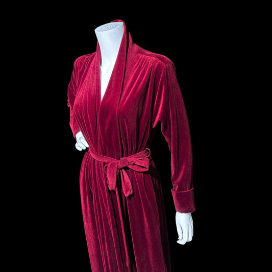 MISS DIOR Vintage 1970s housecoat robe, Deep Red Merlot plush velvet wrap front housecoat with pockets
