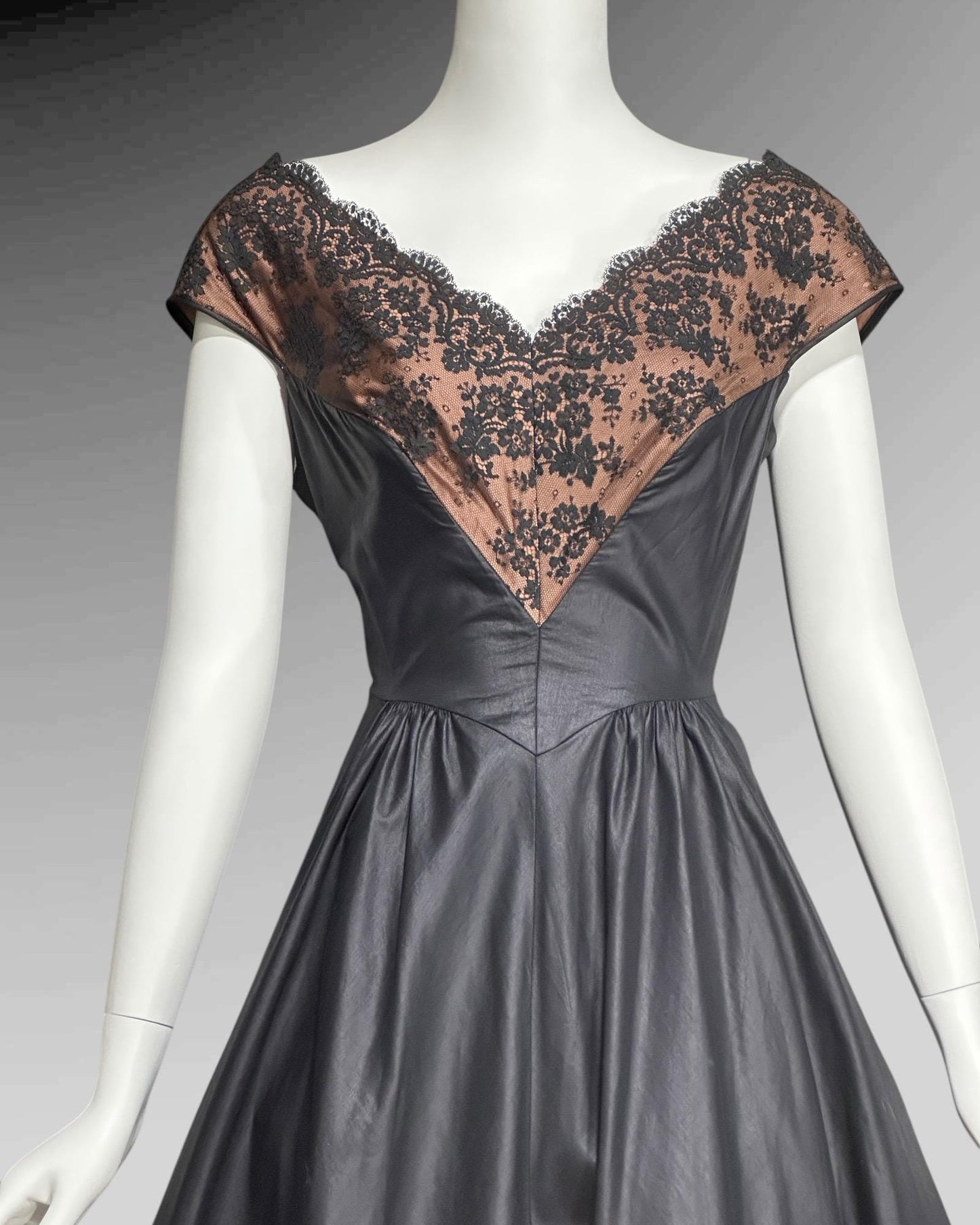 DOROTHY O'HARA, vintage 1950s dress, Black polished cotton and lace fit and flare cocktail party evening dress