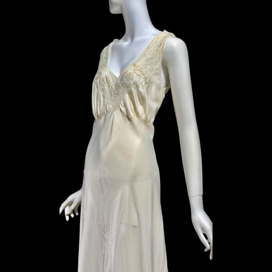 LAURA LANE Vintage Nightgown slip dress, 1940s pearly white satin Lingerie Dress, Medium